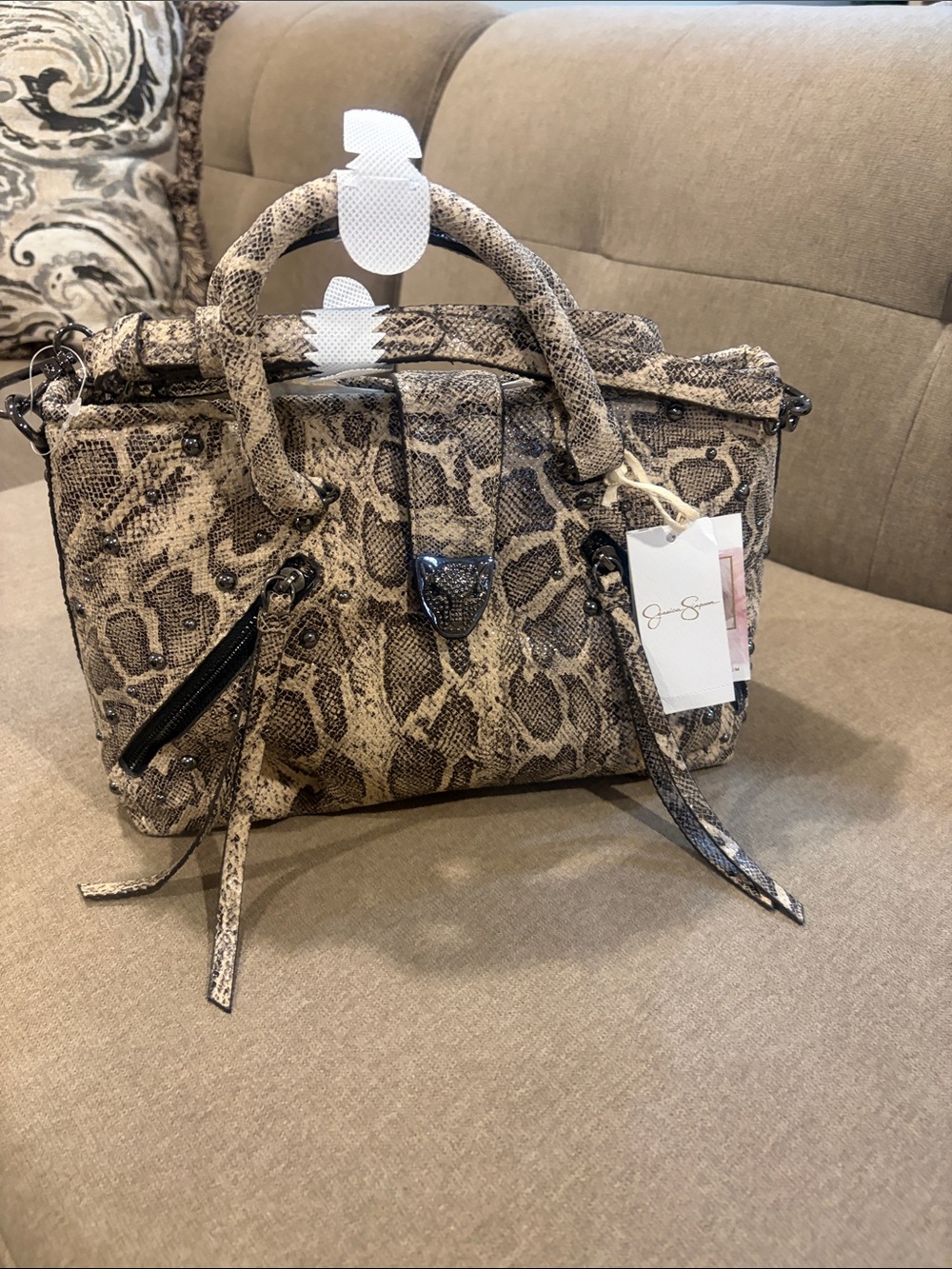 Jessica Simpson Snake-Print Satchel Handbag - Beige/Black